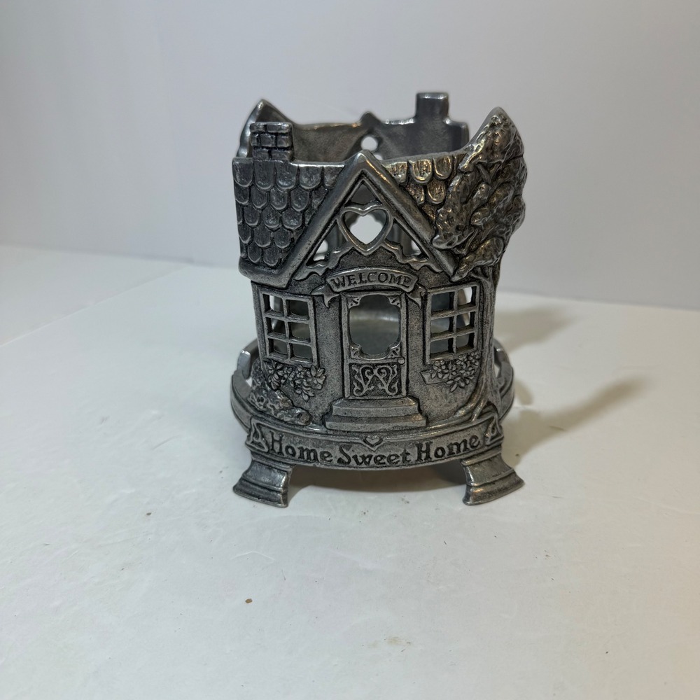 Vintage 1994 Carson Pewter Home Sweet Home Cottage Candle Jar Holder Sleeve